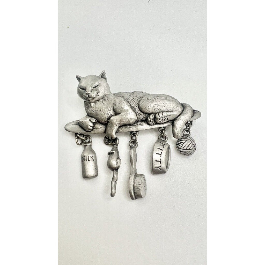 Vintage Signed Jj Jonette - Cat Pewter Dangle Brooch 15$